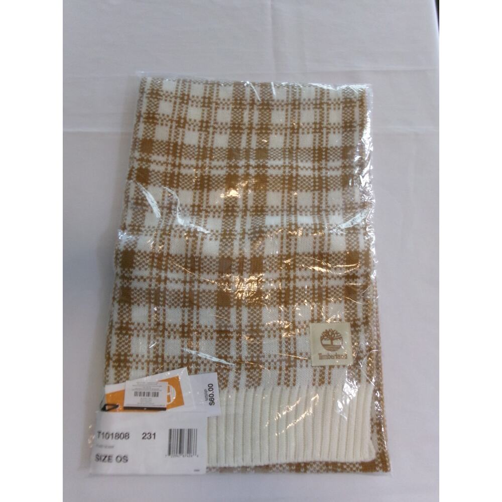 Timberland Buffalo Plaid Knit Scarf Cream Wheat Tan Logo NWT  One Size